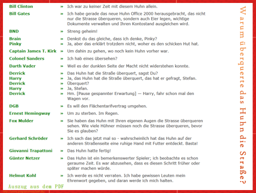 Warum überquerte das Huhn die Strasse?